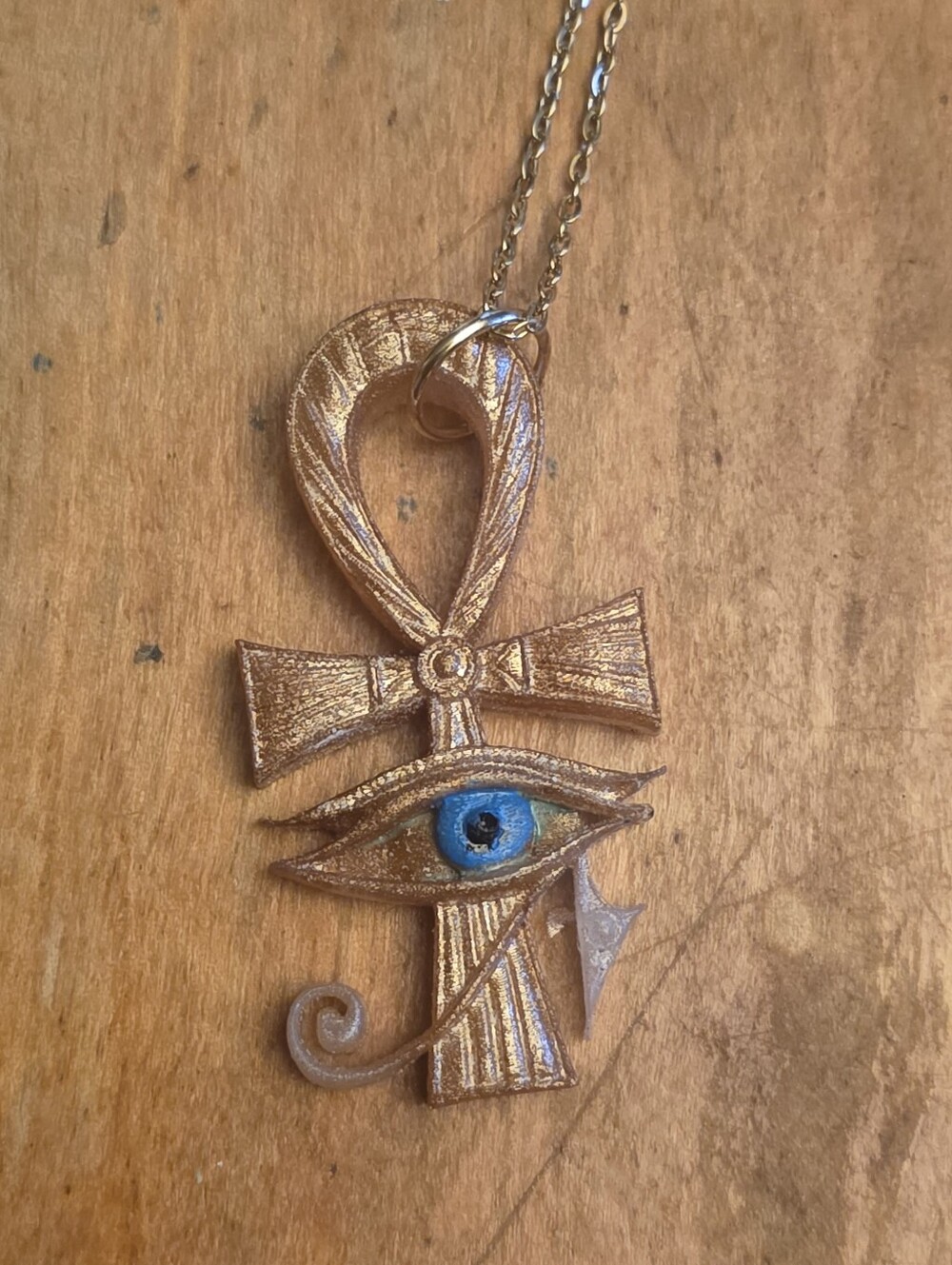 Ancient Egyptian Ankh Cross W Eye of Horus Pendant on Gold Tone Chain necklace